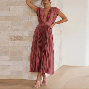 Women's Maxi Dress - Flowing Pleated Skirt - Deep V-Neck - Elegant Cap Sleeves