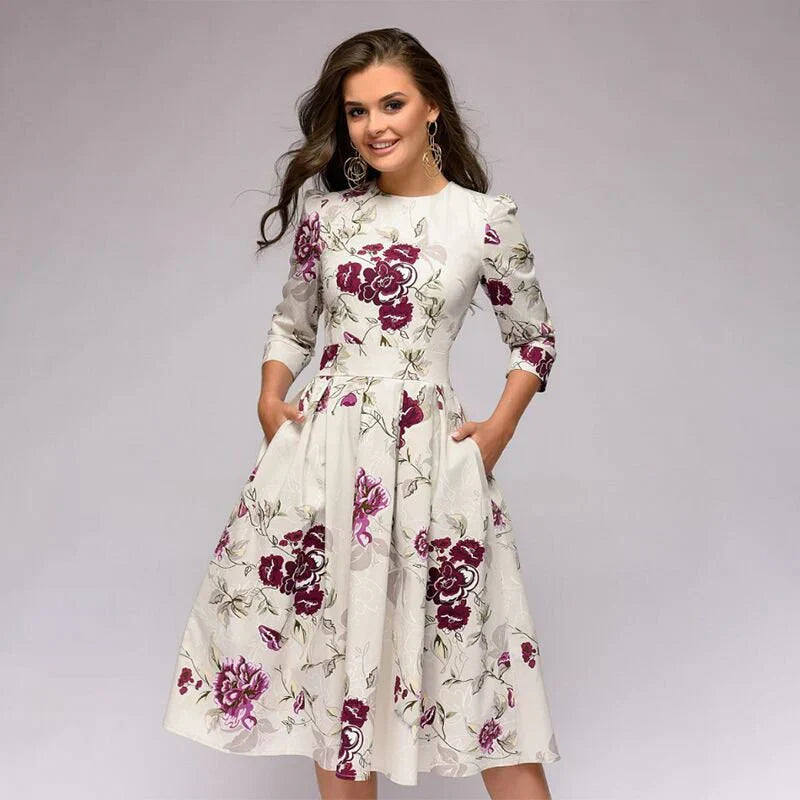 Women's Midi Dress - A-Line Fit-and-Flare - Three-Quarter Sleeves - Floral Print