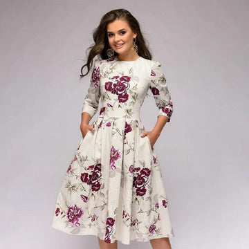 Women's Midi Dress - A-Line Fit-and-Flare - Three-Quarter Sleeves - Floral Print